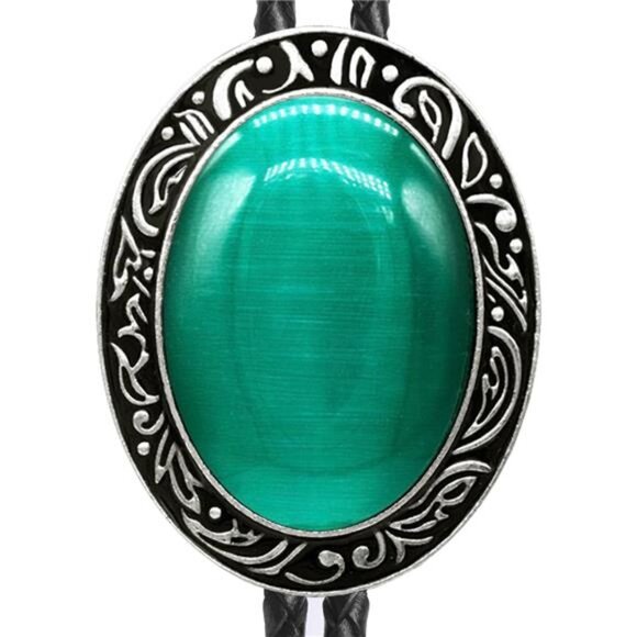 Bolo Tie Natural Colors Stone Emerald Cat Eye - Picture 4 of 5